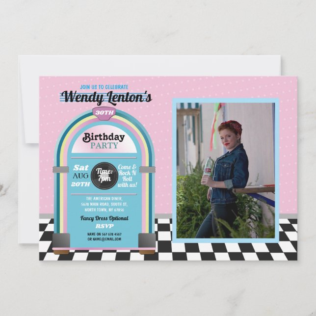 Jukebox Birthday Diner Fifties Retro Music Photo Invitation (Front)