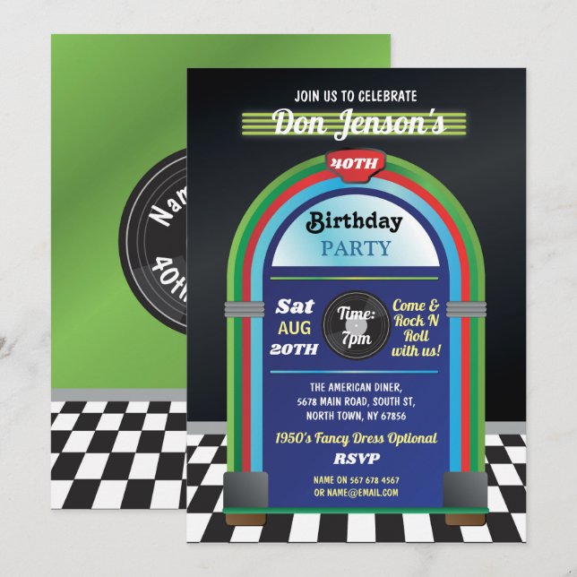 Jukebox Birthday Music 40th Diner Fifties Retro Invitation (Front/Back)