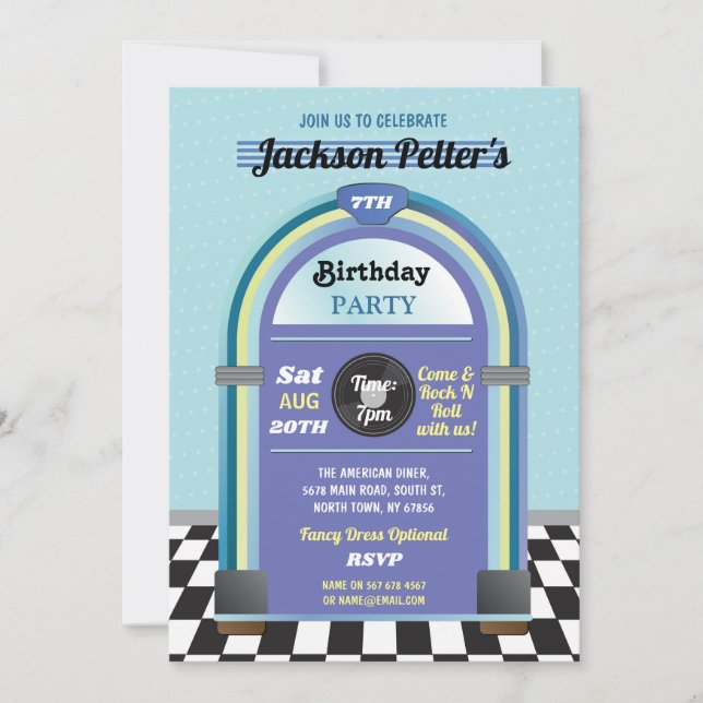 Jukebox Birthday Music Blue Diner Fifties Retro Invitation (Front)