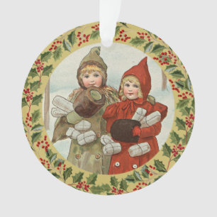 Julekort Vintage Christmas Scene with Two Girls   Ornament
