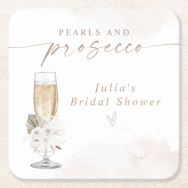 JULIA Boho Floral Pearls & Prosecco Bridal Shower Square Paper Coaster (Front)