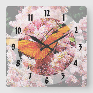 Julia Butterfly on Pink Flowers Square Wall Clock