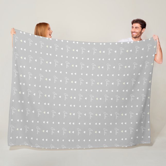 Julia repeating custom name white hearts on grey fleece blanket (In Situ)