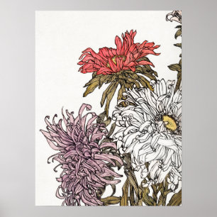 Julie De Graag Chrysanthemums Art Floral Woodcut Poster