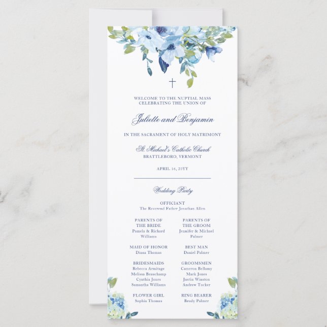 Juliette Blue Floral Catholic Wedding Program Mass (Front)