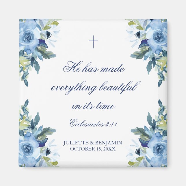 Juliette Dusty Blue Floral Christian Wedding Favou Magnet (Front)