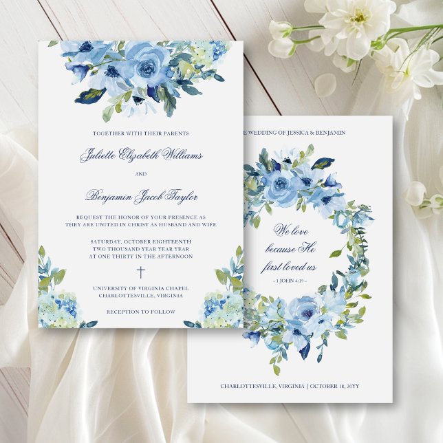 Juliette Dusty Blue Floral Christian Wedding Invitation (This Christian wedding invitation features dusty blue and navy roses and hydrangea)