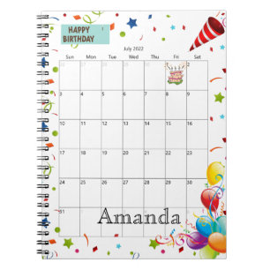 July 2022 Calendar Happy Birthday Notebook