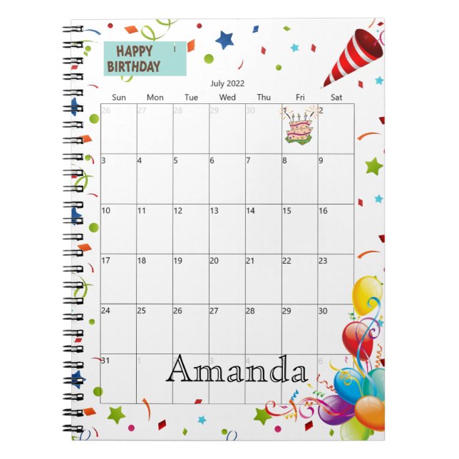 July 2022 Calendar Happy Birthday Notebook (Front)