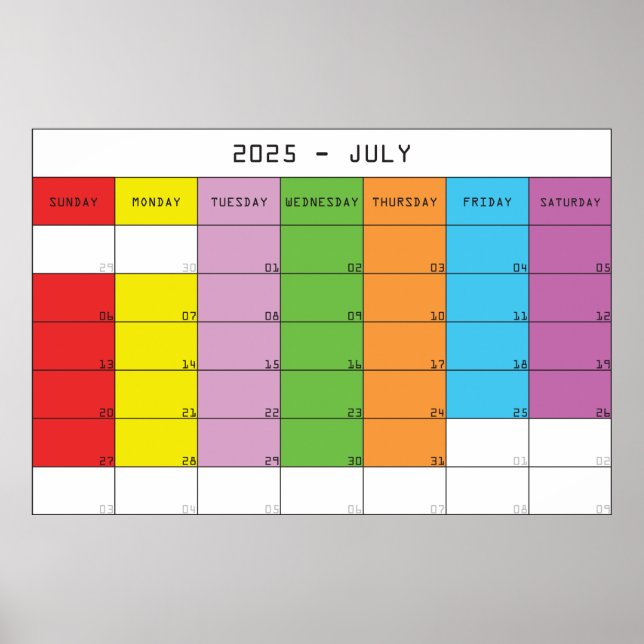 July 2025 colour days calendar planer poster (Front)