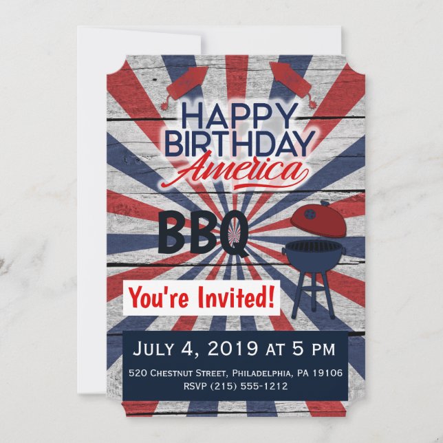 July 4 BBQ Happy Birthday America flat invitation (Front)