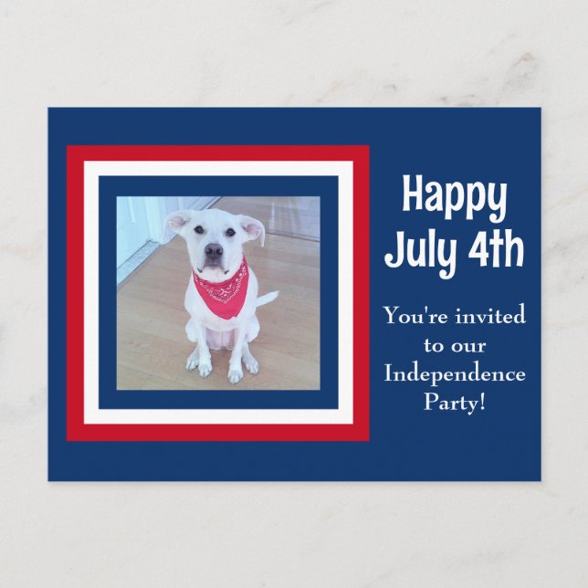 July 4 Red White Blue Striped Photo Invitation Dog Postcard (Front)