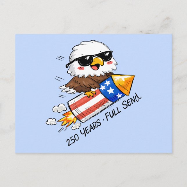 July 4th, 250 Years Eagle on Firecracker Holiday Postcard (Front)