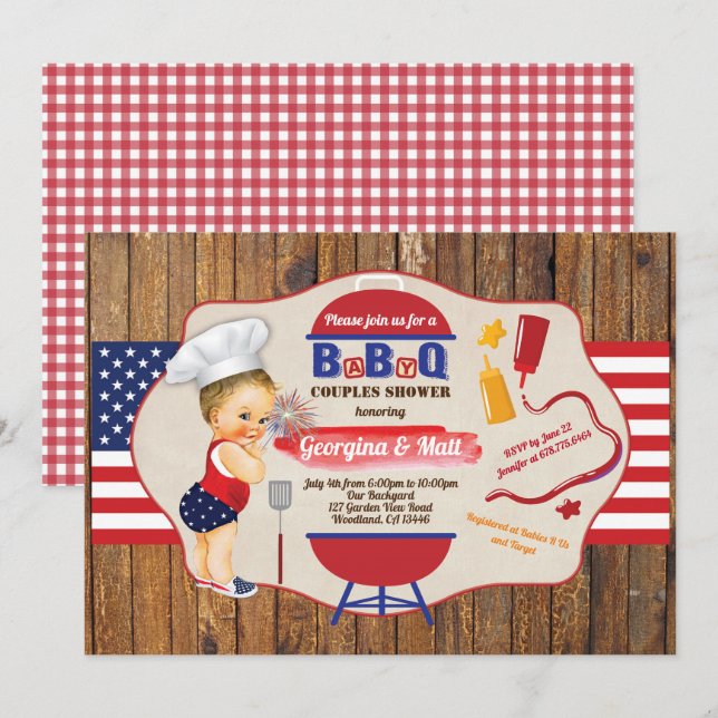 July 4th baby boy couples shower BBQ party Invitation (Front/Back)