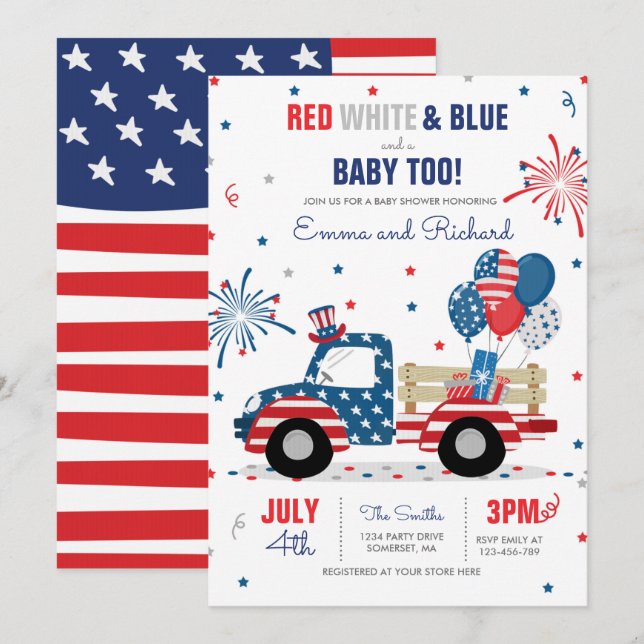 July 4th Baby Shower Red White Blue Baby Shower In Invitation (Front/Back)