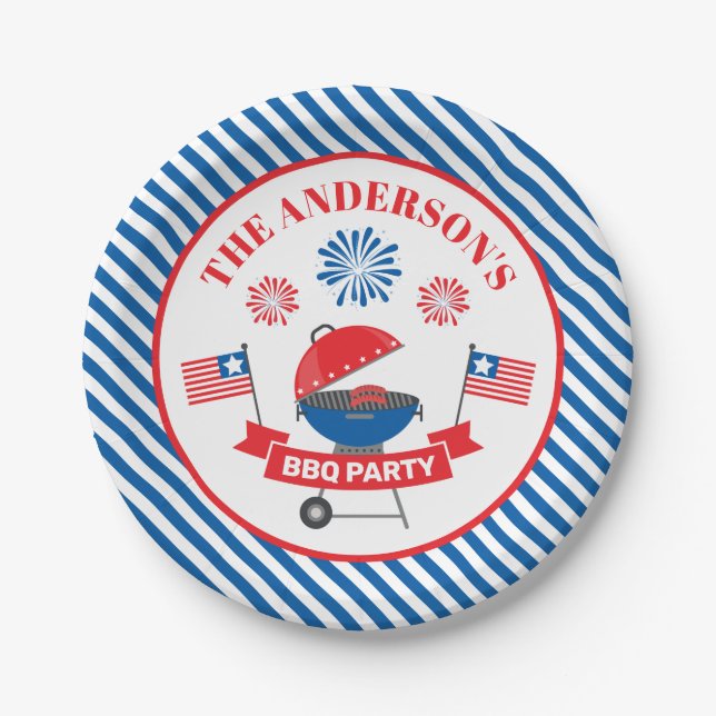 July 4th Barbeque BBQ Party Navy Striped Paper Plate (Front)