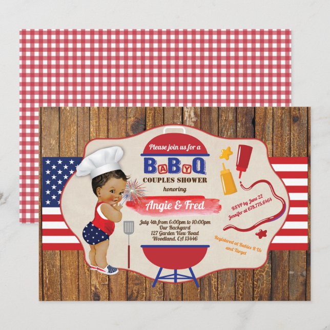 July 4th BBQ baby girl shower red white blue Invitation (Front/Back)