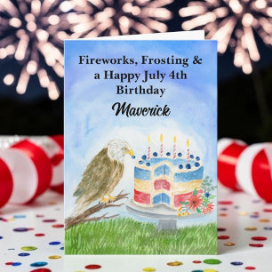 July 4th Birthday Bald Eagle & Patriotic Cake  Card