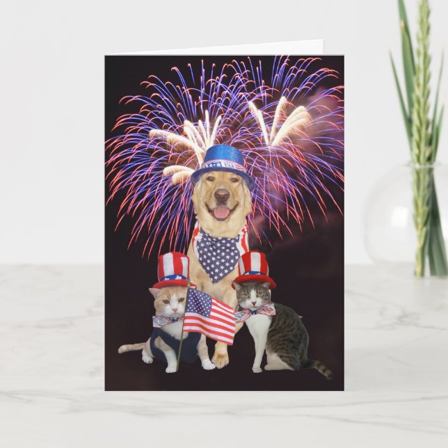 July 4th Birthday Card with Funny Pets (Front)