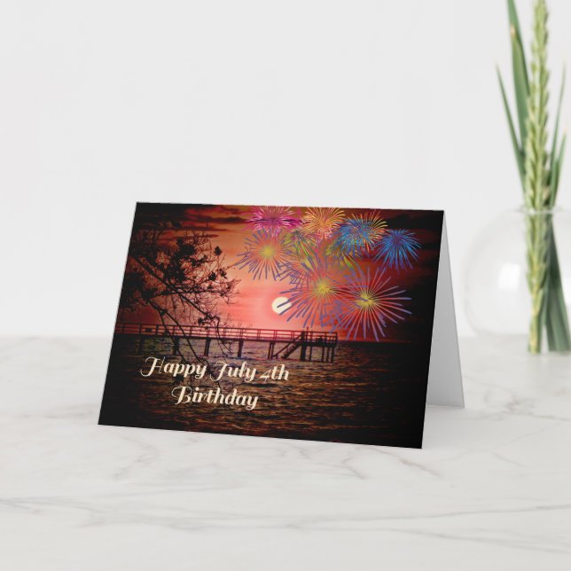 July 4th Birthday Card with Sunset & Fireworks (Front)