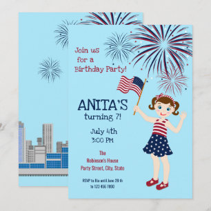 July 4th Birthday Girl Party  Invitation