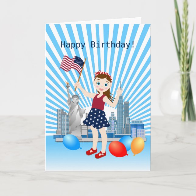 July 4th Birthday Girl with USA flag Card (Front)