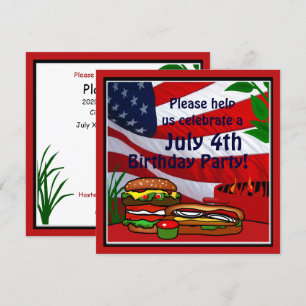 July 4th Birthday Grill Picnic Hamburger Hotdog Invitation