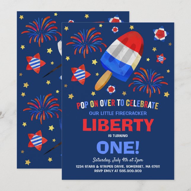 July 4th Birthday Invitation Fourth of July Party (Front/Back)
