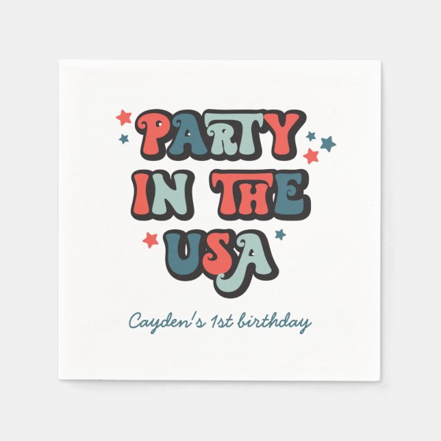 July 4th Birthday Party in the USA Invitation Napkin (Front)
