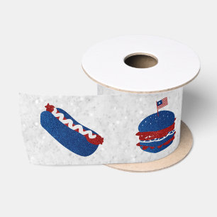 July 4th Burger & Hot Dog Glitter Satin Ribbon