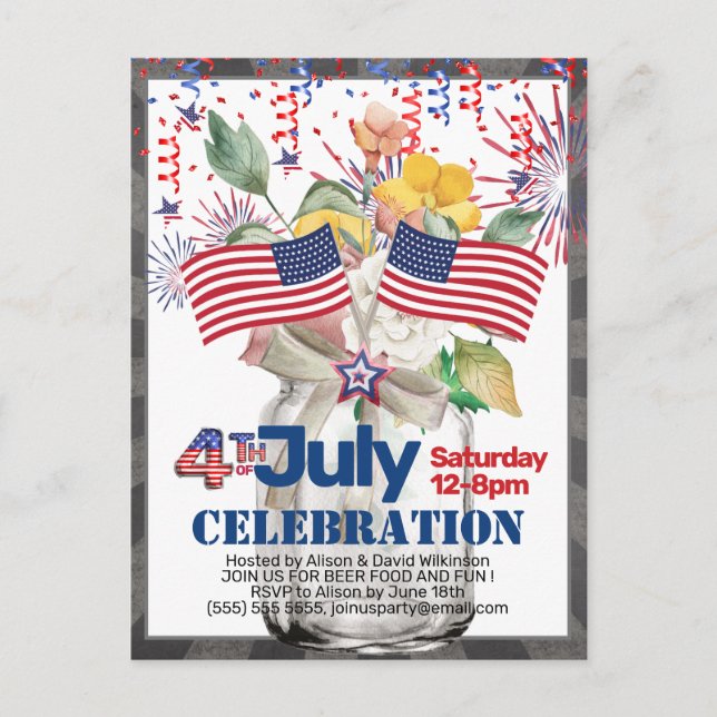 JULY 4th Celebration Party Mason Jar Invitation Postcard (Front)