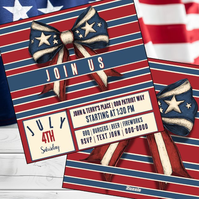 July 4th Coquette Bow with Stars and Stripes Party Holiday Card (Cute antiqed red white and blue bow July 4 party invitation you can customize)