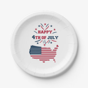 July 4th Fireworks USA Red White Blue Flag Paper Plate