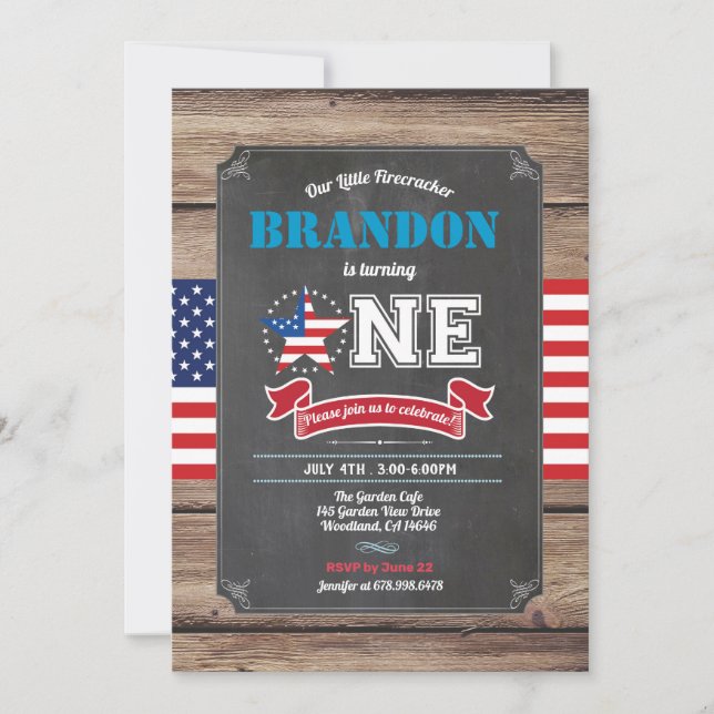 July 4th first birthday invitation boy turning one (Front)