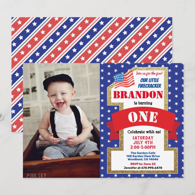 July 4th Fourth 1st First Birthday Boy Girl Photo Invitation (Front/Back)