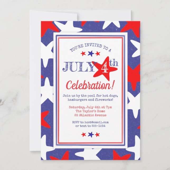 July 4th Fourth of July Fun Stars BBQ Party Invitation (Front)
