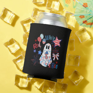 July 4th Ghost Red White Boo Patriotic Halloween Can Cooler