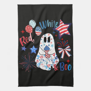 July 4th Ghost Red White Boo Patriotic Halloween Tea Towel