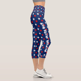 JULY 4th God Bless The USA Red White Blue Capri Leggings