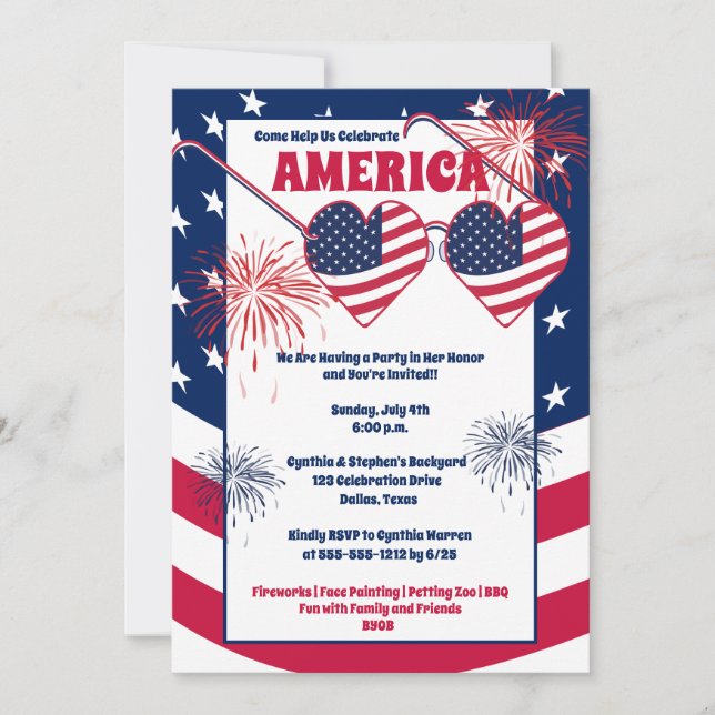 July 4th Heart Sunglasses America Party Invite (Front)