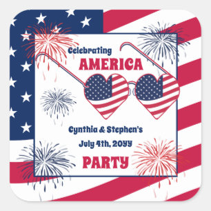 July 4th Heart Sunglasses America Party  Square Sticker