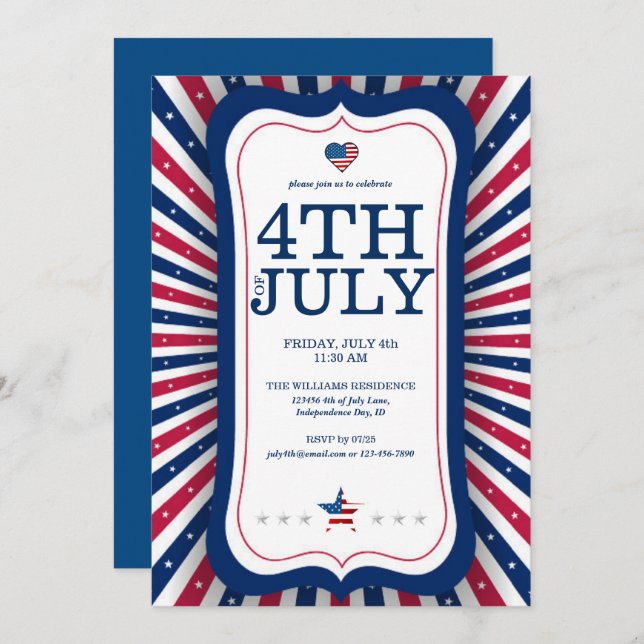 July 4th Independence Day Stars & Stripes Cookout Invitation (Front/Back)
