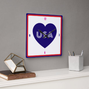July 4th Love the USA Patriotic Red White Blue Square Wall Clock