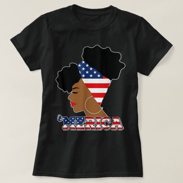 July 4th Patriotic Afro Puff American Flag Black G T-Shirt (Design Front)