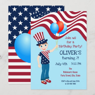 July 4th Patriotic Boy Birthday Party   Invitation