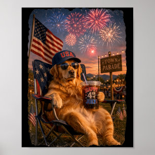 July 4th Patriotic Golden Retriever Drinking Iced Poster