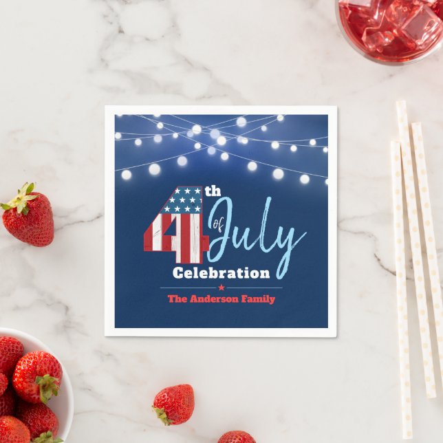 July 4th Patriotic Red White Blue Lights USA Flag Napkin (Insitu)
