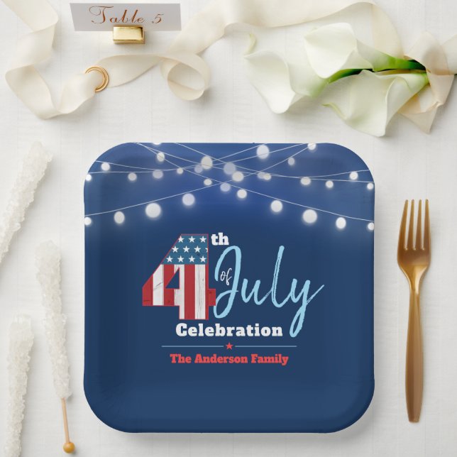 July 4th Patriotic Red White Blue Lights USA Flag Paper Plate (Wedding)