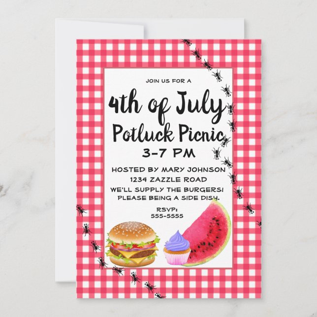 July 4th Picnic Watermelon Ants Invitation (Front)