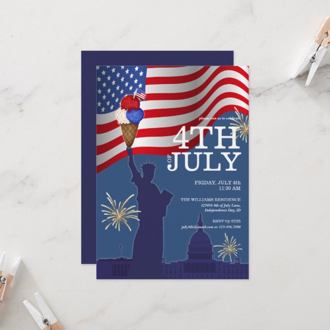 July 4th Pool BBQ Cookout Ice Cream Family Party Invitation (Front/Back In Situ)